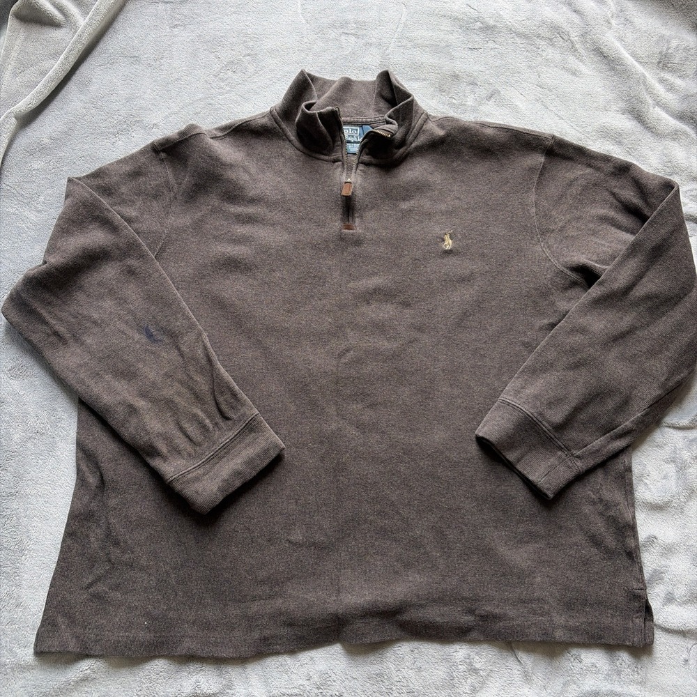 Vintage Polo Ralph Lauren Sweater Mens 2XL Brown 1/4 Zip Pullover Mock Neck Pony